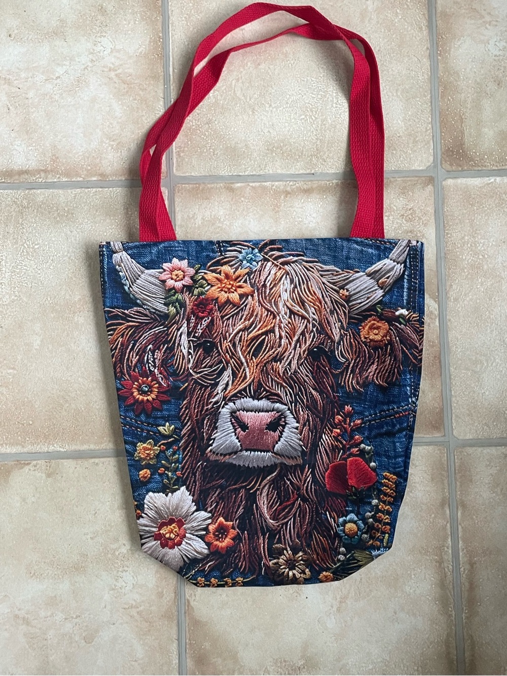 Highland cow medium size graphic print tote bag, red strap
